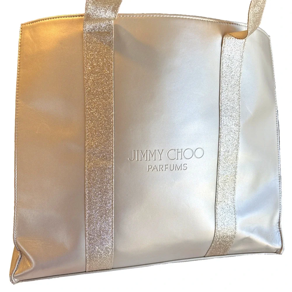 Jimmy Choo Parfums Large Tote Shoulder Bag Embossed Logo Glittery Gold Shimmer